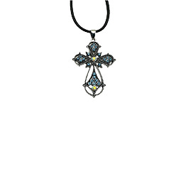 Denim Blue Cross Zinc Alloy Pendant Necklace, with Rhinestone, Denim Blue, 19.69 inch(50cm)
