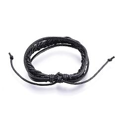 Black Adjustable Leather Cord Multi-Strand Bracelets, with PU Leather Cords, Black, 2-1/8 inch(52mm)