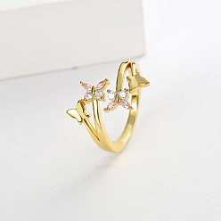 Golden Cubic Zirconia Butterfly Open Cuff Ring, Brass Jewelry for Women, Golden, US Size 8(18.1mm)