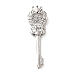 Platinum Brass Cubic Zirconia Pendents, Long-Lasting Plated, Key with Crown, Platinum, 33x10x4.5mm, Hole: 2x2mm