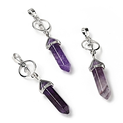 Amethyst Natural Amethyst with Brass Pendants, Cadmium Free & Lead Free, Bullet Shaped, 65~70mm, Hole: 4.6mm
