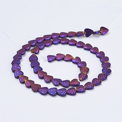 Purple Plated Electroplate Non-magnetic Synthetic Hematite Beads Strands, Frosted, Heart, Purple Plated, 8x7.5~8x2mm, Hole: 1mm, about 55pcs/strand, 15.9 inch(40.5cm)