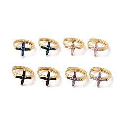 Mixed Color Cross Cubic Zirconia Cuff Earrings, Real 18K Gold Plated Brass Jewelry for Women, Cadmium Free & Lead Free, Mixed Color, 17x15x12mm, Pin: 1mm