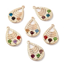 Mixed Color Iron with Glass Pendants, Hollow Teardrop Charm, Mixed Color, 34.5x22x5.5mm, Hole: 2mm