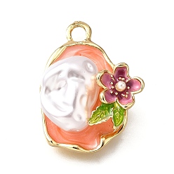 Легкий Лосось Подвески из эмали и сплава, с ABS имитации жемчуга, овальные с цветком, стойки покрытие, долговечный, без свинца, без кадмии и без никеля, золотые, светлый померанцевый, 26.5x20.5x8.5 мм, отверстие : 3 мм