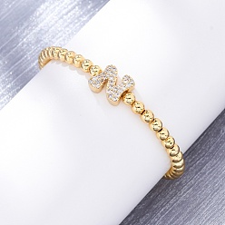 Letter N Латунные круглые бусины эластичные браслеты, Подвеска в виде буквы из латуни с микропаве из прозрачного кубического циркония для женщин, без свинца и без кадмия, стойки покрытие, реальный 18 k позолоченный, Письмо N, внутренний диаметр: 2~2-1/8 дюйм (5~5.5 см)