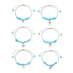 Synthetic Turquoise Ocean Theme Synthetic Turquoise Anklets Set, with Glass Beads and Tibetan Style Zinc Alloy Charms, Inner Diameter: 2-1/2~3-5/8 inch(6.5~9.1cm), 6pcs/set