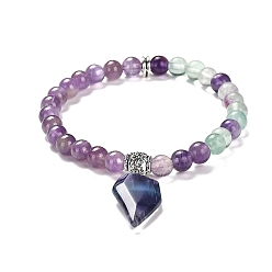 Fluorite Natural Amethyst & Fluorite Round Beaded Stretch Bracelets, with Half Heart Charms, Inner Diameter: 2-1/4 inch(5.75cm)