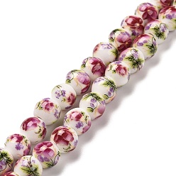 Hot Pink Handmade Flower Printed Porcelain Ceramic Beads Strands, Round, Hot Pink, 8~8.5mm, Hole: 2mm, about 42pcs/strand, 12.9 inch~13.3 inch(33~34cm)