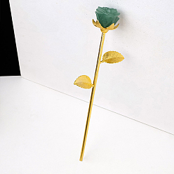 Green Aventurine Natural Green Aventurine Carved Rose Ornaments, Golden Tone Brass Flower Branch for Women Girls Valentine's Day Gift, 230mm