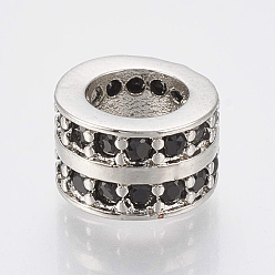 Platinum Brass Micro Pave Cubic Zirconia Beads, Large Hole Beads, Column, Black, Platinum, 8.5x5.5mm, Hole: 5mm