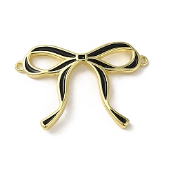 Black Brass Enamel Connector Charms, Bowknot Link, Real 18K Gold Plated, Black, 21.5x32x3mm, Hole: 1mm