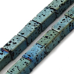 Green Plated Electroplated Natural Lava Rock Beads Strands, Rectangle, Green Plated, 8x4x4mm, Hole: 1mm, about 51pcs/strand, 16.38''~16.54''(41.6~42cm)