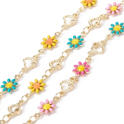 Colorful Handmade Eco-friendly Brass Enamel Flower & Heart Link Chain, with Cubic Zirconia, Real 18K Gold Plated, Lead Free & Cadmium Free, Soldered, with Spool, Colorful, 13x7.5x2mm, 9x6x2mm