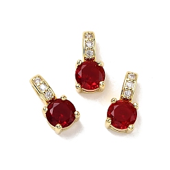 Красный Плоские круглые латунные подвески, со стеклом, стойки покрытие, долговечный, без кадмия и без свинца, золотые, красные, 12.5x6x5.5 мм, отверстие : 4x2 мм