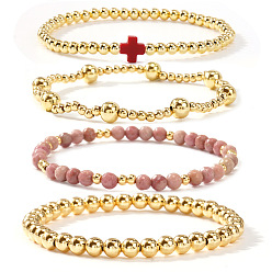 Красный 4 Наборы круглых браслетов из золотистой латуни и стекла, Эластичные браслеты с подвесками в виде крестиков для женщин, красные, 6.89 дюйм (17.5 см)