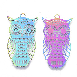 Rainbow Color Ion Plating(IP) 201 Stainless Steel Filigree Pendants, Etched Metal Embellishments,  Owl, Rainbow Color, 36x20x0.3mm, Hole: 1.8mm