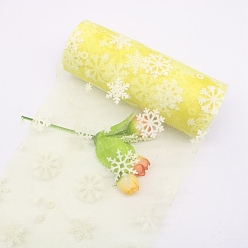 Yellow 10 Yards Christmas Polyester Deco Mesh Ribbon, Printed Snowflake Tulle Fabric, for Bowknot Making, Yellow, 150mm