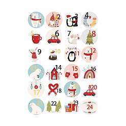 Mixed Color Christmas PVC Plastic Sticker Labels, Self-adhesion, for Suitcase, Skateboard, Refrigerator, Helmet, Mobile Phone Shell, Round, Christmas Themed Pattern, Nomber 1~24, Mixed Color, 45mm, 24pcs/sheet