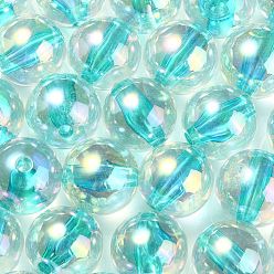 Cyan UV Plating Transparent Rainbow Iridescent Acrylic Beads, Round, Cyan, 16x15.5mm, Hole: 3mm