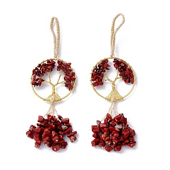 Красный Камень Проволочные чипсы натуральная красная яшма большой кулон украшения, с латунной проволокой и нейлоновым шнуром, плоские круглые с дерева жизни, без кадмия и без свинца, 170 мм