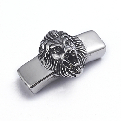 Antique Silver Retro 304 Stainless Steel Slide Charms/Slider Beads, for Leather Cord Bracelets Making, Rectangle with Lion, Antique Silver, 21x34x14mm, Hole: 4x8mm