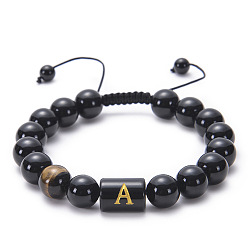 A Natural Black Agate Beaded Bracelet Adjustable Women's Handmade Alphabet Stone Strand Jewelry
