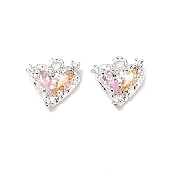 Бледно-Розовый Латунные микро проложить кубического циркония подвески, сердце прелести, 925 серебро покрытием, розовый жемчуг, 10.5x10x3.5 мм, отверстие : 1.4 мм