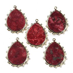 Красный Камень Природные красной яшмы подвески, покрытие стойки золотистого цвета, латунное паве, прозрачные подвески-капли из кубического циркония, окрашенная и подогревом, 30.5x23.5x2 мм, отверстие : 1.4 мм