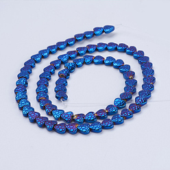 Blue Plated Electroplate Non-magnetic Synthetic Hematite Beads Strands, Heart, Blue Plated, 6x6x2mm, Hole: 1mm, about 75pcs/strand, 16.1 inch(41cm)