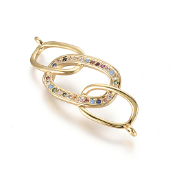 Golden Brass Micro Pave Cubic Zirconia Links connectors, Oval, Colorful, Golden, 12.5x32x4.5mm, Hole: 1.2mm