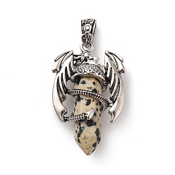 Dalmatian Jasper Natural Dalmatian Jasper Pointed Pendants, Faceted Bullet Charms, with Rack Plating Platinum Tone Alloy Dragon Findings, Cadmium Free & Lead Free, 39~41x24~25x13~14mm, Hole: 4x8mm