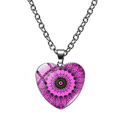 Magenta Glass Heart with Mandala Flower Pendant Necklace, Platinum Alloy Jewelry for Women, Magenta, 19.69 inch(50cm)