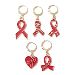 Red AIDS Awareness Ribbon Alloy Enamel Pendant Locking Stitch Markers, Crochet Leverback Hoop Charms, Red, 3.2~4.4cm