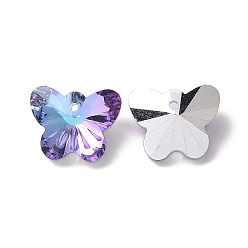 Purple Transparent Glass Pendants, Faceted, Butterfly Charms, Back Silver Plated, Purple, 12x15x8mm, Hole: 1.5mm
