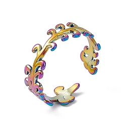 Rainbow Color Ионное покрытие (ip) 304 открытое манжетное кольцо из нержавеющей стали с листовыми ветвями для женщин, Радуга цветов, размер США 8 3/4 (18.7 мм)