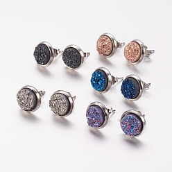 Mixed Color Druzy Resin Stud Earrings, with Brass Findings, Flat Round, Platinum, Mixed Color, 10x3~4mm, Pin: 0.7mm