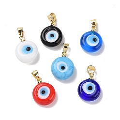 Mixed Color Handmade Lampwork Evil Eye Pendants, with Real 18K Gold Plated Brass Findings, Cadmium Free & Lead Free, Mixed Color, 15x12x5mm, Hole: 4.5x3.5mm