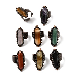 Mixed Stone Natural Gemstone Cuff Open Rings, Brass Rings, Oval, Red Copper, 36x14mm, US Size 8 1/2(18.5mm)