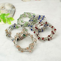 Mixed Color Fashion Wrap Bracelets, with Rondelle Glass Beads, Tibetan Style Bead Caps, Brass Tube Beads and Steel Memory Wire, Mixed Color, Inner Diameter: 55mm