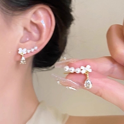 Golden Bowknot with Teardrop Alloy Rhinestone Stud Earrings, Plastic Pearl Beads Earrings with 925 Sterling Silver Pins, Golden, 50x50mm