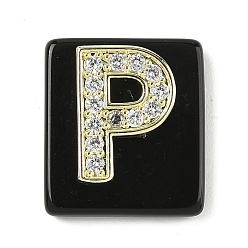 Letter P Природные подвески обсидиана, прямоугольные подвески с латунной микропаве прозрачной кубической циркониевой буквой, реальный 18 k позолоченный, долговечный, стойки покрытие, Письмо P, 21x18x5 мм, отверстие : 1.4 мм