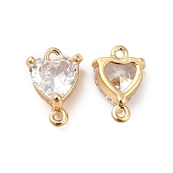 Real 18K Gold Plated Brass Clear Glass Connector Charms, Heart Links, Real 18K Gold Plated, 10x7x4mm, Hole: 0.8mm