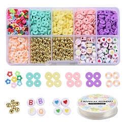 Mixed Color DIY Jewelry Making Kits, Including Disc/Flat Round & Flower Handmade Polymer Clay Beads, Round ABS Plastic Beads, Flat Round Opaque & Craft Style Acrylic Beads and Elastic Crystal Thread, Mixed Color, Beads: about 910pcs/set