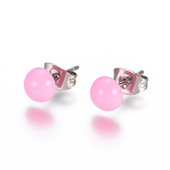 Pearl Pink Spray Paint 304 Stainless Steel Stud Earrings, with Earring Backs, Half Round, Pearl Pink, 6x3mm, Pin: 0.8mm