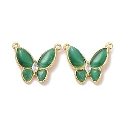 Sea Green Cat Eye Pendants, Butterfly Charm, with Brass Clear Cubic Zirconia, Cadmium Free & Lead Free, Real 18K Gold Plated, Sea Green, 17x20.5x4mm, Hole: 1.2mm