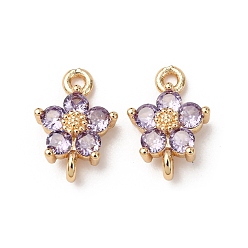 Лиловый Шармы-соединители из латуни с паве из кубического циркония, цветок ссылки, реальный 18 k позолоченный, сирень, 12x8x3 мм, отверстие : 1.2 мм