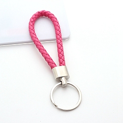 Hot Pink Handwoven Imitation Leather Keychain, with Metal Car Key Ring Chain Accessories Gift for Men and Women, Hot Pink, 122x30mm