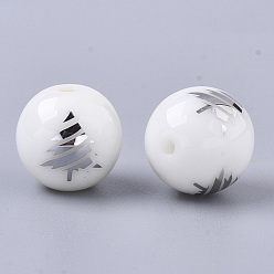 Platinum Plated Christmas Opaque Glass Beads, Round with Electroplate Christmas Tree Pattern, Platinum Plated, 10mm, Hole: 1.2mm