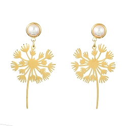 Golden 201 Stainless Steel Dandelion Dangle Stud Earrings with Brass Pins, Long Drop Earrings with ABS Plastic Imitation Pearl, Golden, 55x30mm